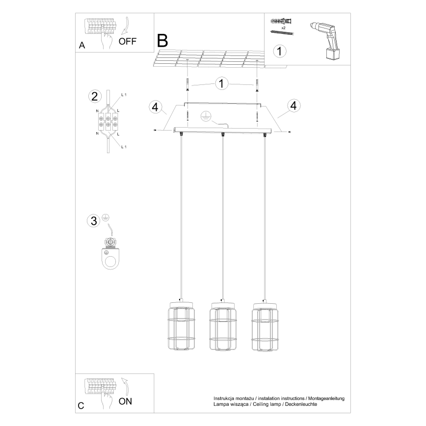 Chandelier on a string GOTTO 3xE27/15W/230V black/beech