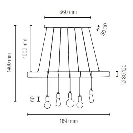 Chandelier on a string TRABO 5xE27/60W/230V pine - FSC certified