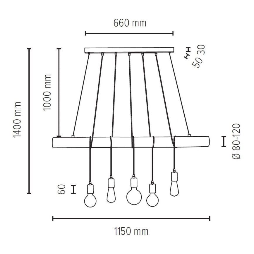 Chandelier on a string TRABO 5xE27/60W/230V pine - FSC certified
