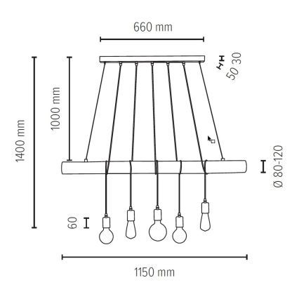 Chandelier on a string TRABO 5xE27/60W/230V pine - FSC certified