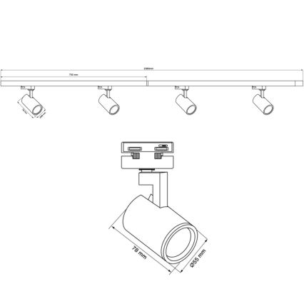 Spotlight for rail system LYNX 4xGU10/10W/230V + 2 x 75 cm rail system black