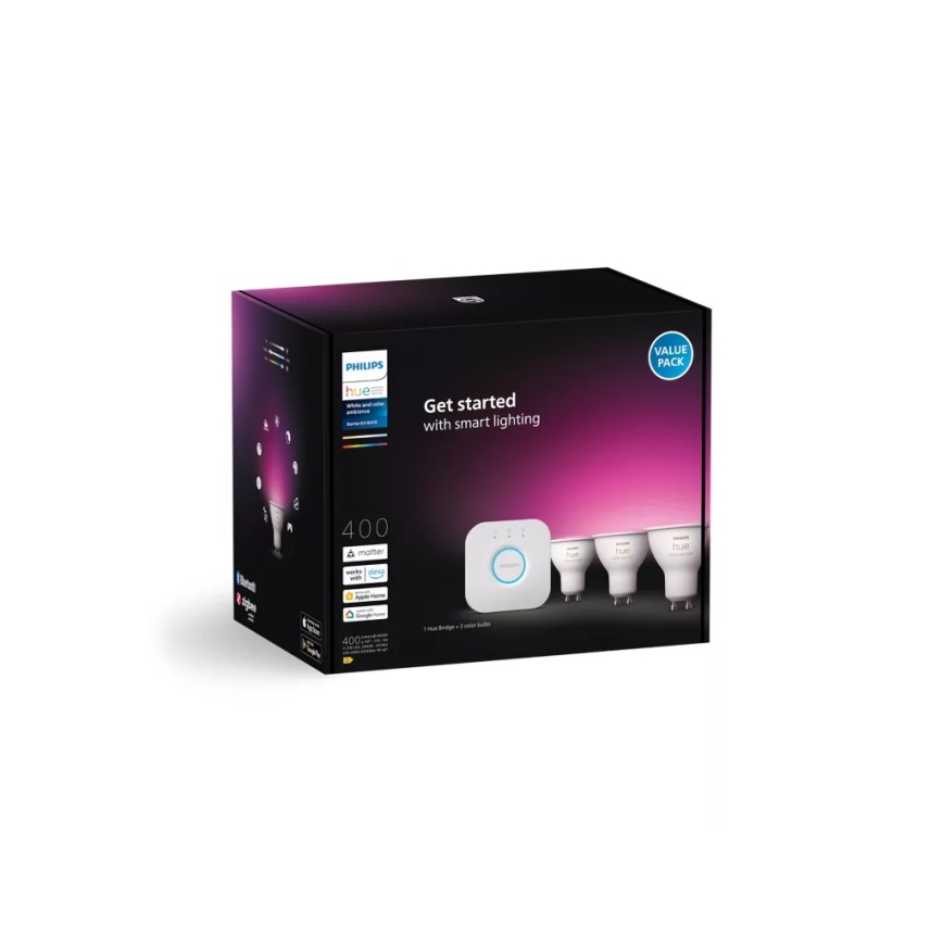 Philips Hue WHITE AND COLOR AMBIANCE Starter Kit 3x GU10 / 4.2W / 230V / 2200–6500K + Hue Bridge
