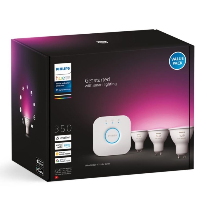 Starter kit Philips Hue WHITE AND COLOR AMBIANCE 3xGU10/5,7W/230V 2000-6500K + connection device