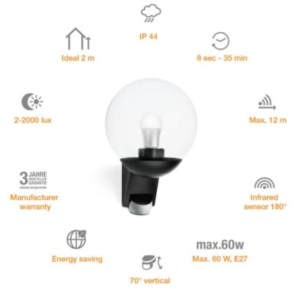 STEINEL 005535 - Outdoor wall light with sensor L585S 1xE27/60W black IP44