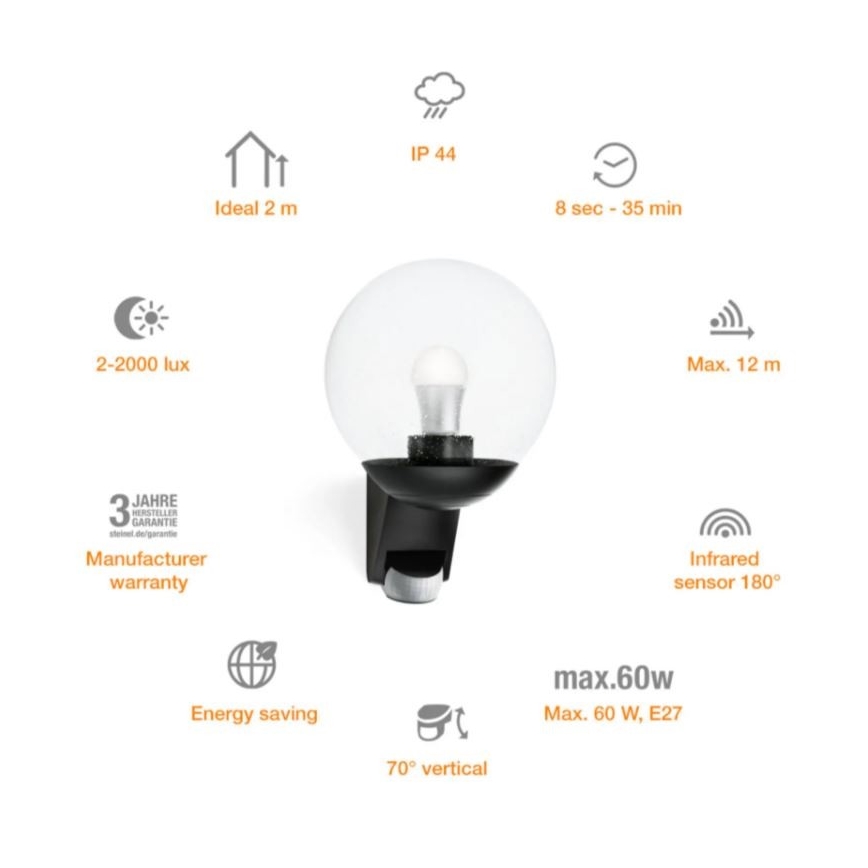 STEINEL 005535 - Outdoor wall light with sensor L585S 1xE27/60W black IP44