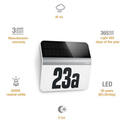 STEINEL 007140 - LED Solar house number XSolar LH-N LED/0,03W stainless steel IP44 2500 mAh
