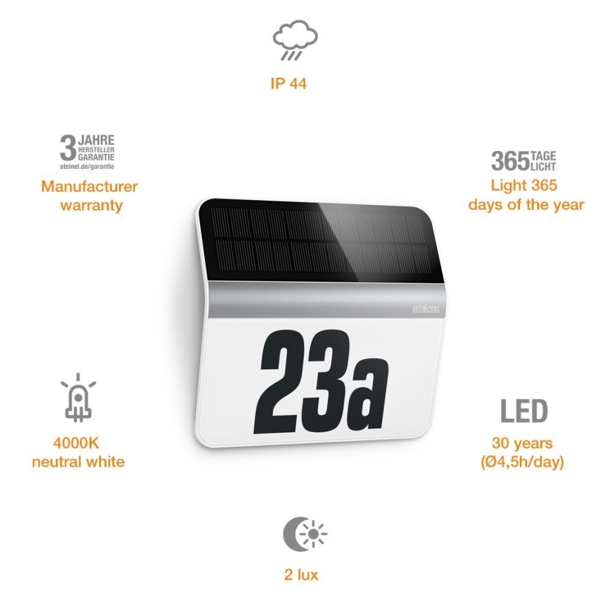 STEINEL 007140 - LED Solar house number XSolar LH-N LED/0,03W stainless steel IP44 2500 mAh