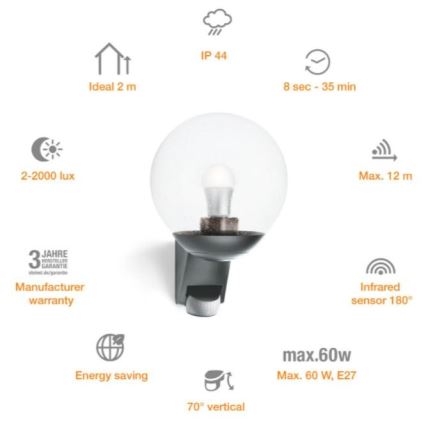 Steinel 035723 - Outdoor wall light with sensor L585S 1xE27/60W/230V IP44