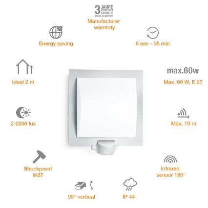Steinel 566814 – Outdoor Wall Sensor Light 1×E27/60W/240V L 20 S IP44