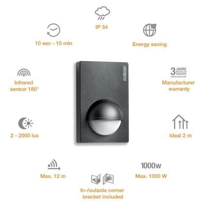 STEINEL 603113 - Outdoor motion sensor IS 180-2 black IP54