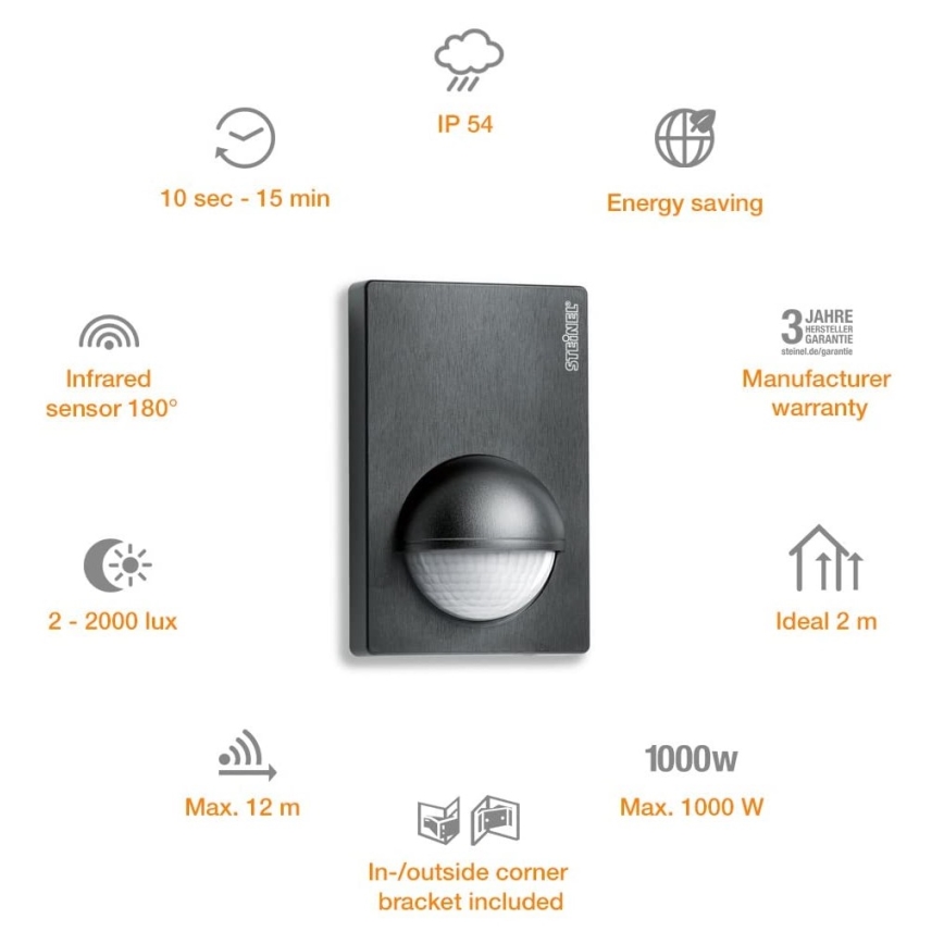 STEINEL 603113 - Outdoor motion sensor IS 180-2 black IP54