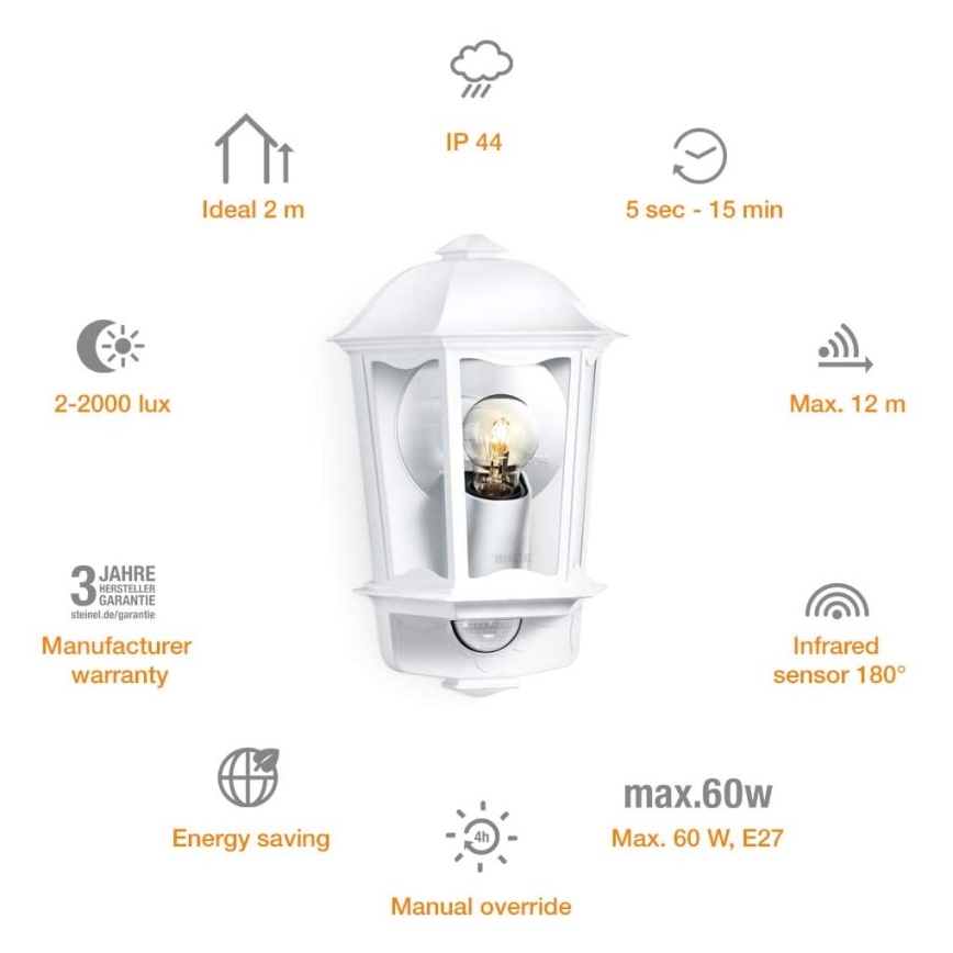 Steinel 644512 - Outdoor wall light with sensor L 190 S 1xE27/100W/230V IP44