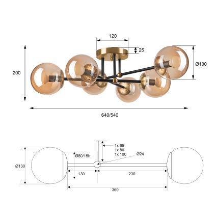 Surface-mounted chandelier MALENA 6xE14/5W/230V gold/black/smoky beige