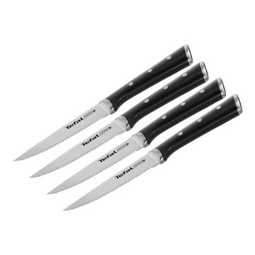 Tefal - ICE FORCE 11 cm Stainless-Steel Steak Knife Set, Polished Chrome/Black, 4-piece