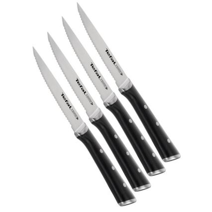 Tefal - ICE FORCE 11 cm Stainless-Steel Steak Knife Set, Polished Chrome/Black, 4-piece