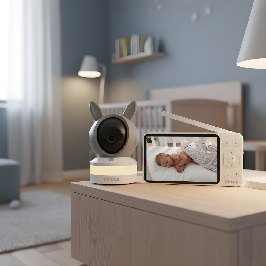 TESLA Electronics Bambino - Smart baby monitor with 4 MP camera, 2560p resolution, 5V, 5000 mAh battery, Wi-Fi (Tuya), gray/white