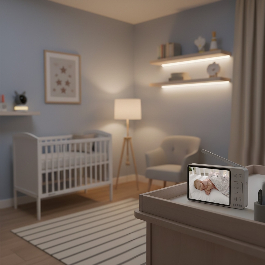 TESLA Electronics Bambino - Smart baby monitor with 4 MP camera, 2560p resolution, 5V, 5000 mAh battery, Wi-Fi (Tuya), gray/white