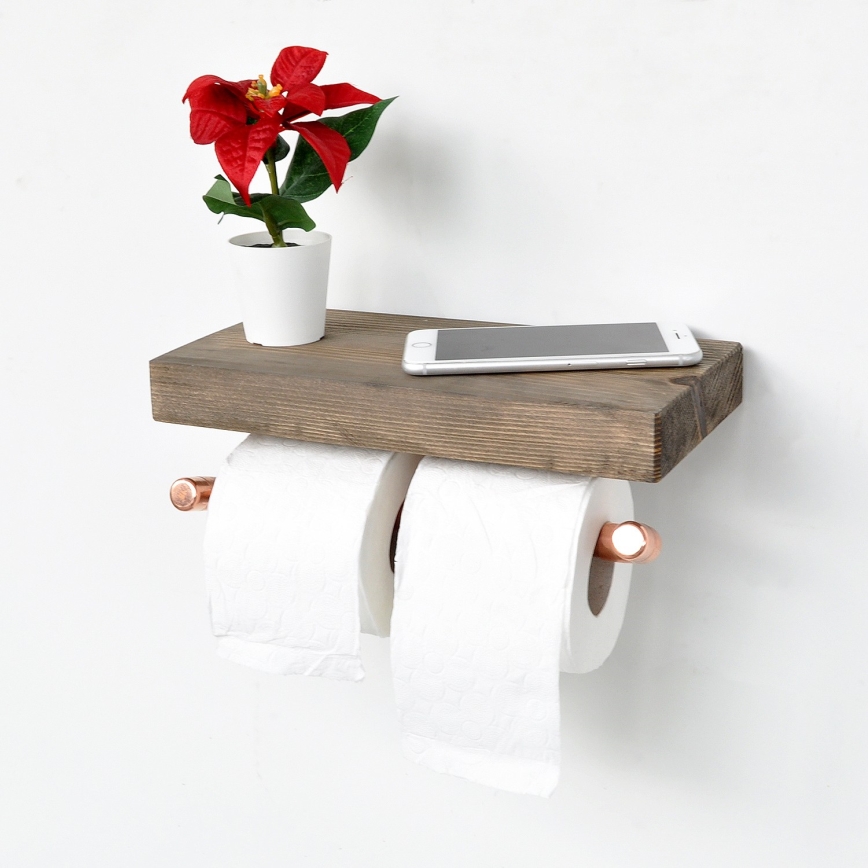 Toilet paper holder with a shelf BORU 12x30 cm spruce/copper