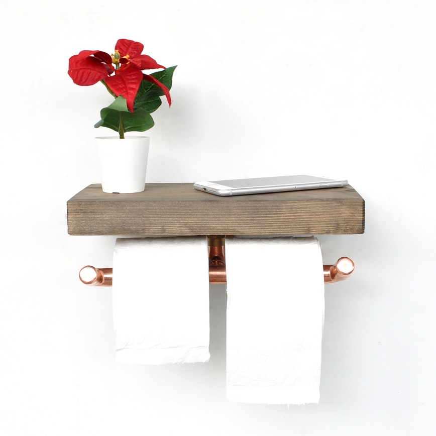Toilet paper holder with a shelf BORU 12x30 cm spruce/copper