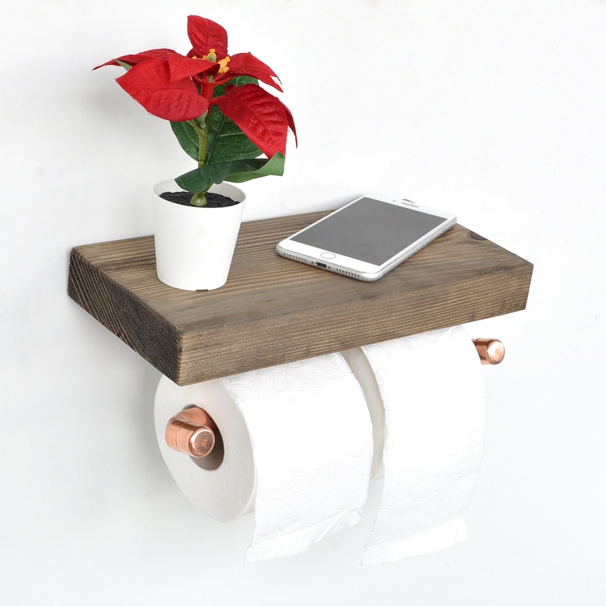 Toilet paper holder with a shelf BORU 12x30 cm spruce/copper
