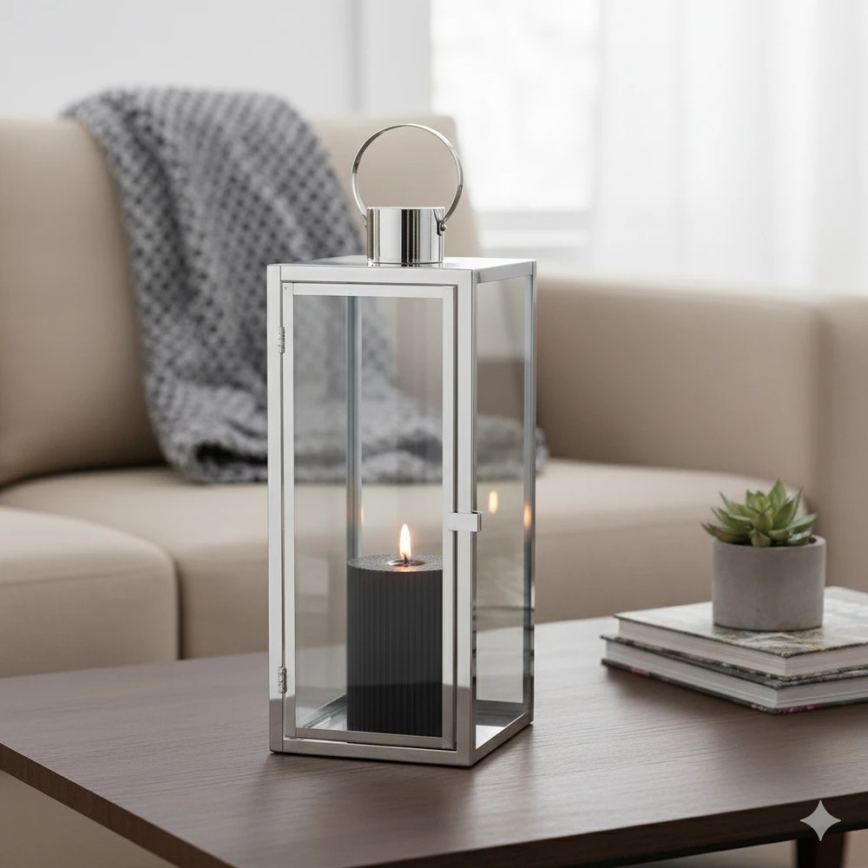 TOWER decorative lantern, 29 cm, polished chrome