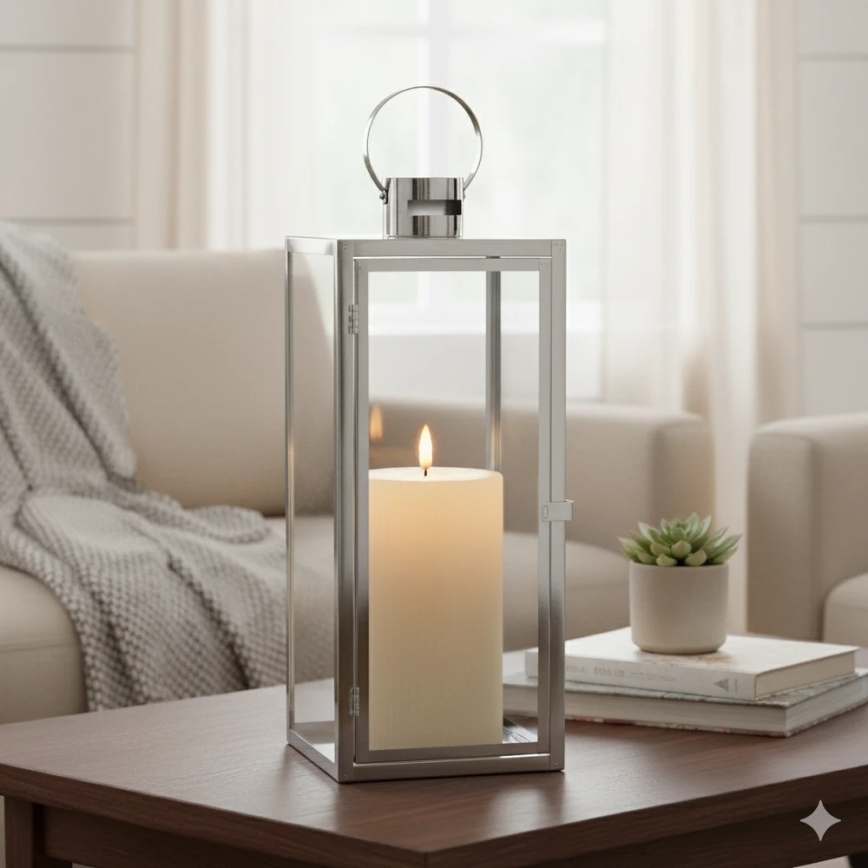 TOWER decorative lantern, 29 cm, polished chrome