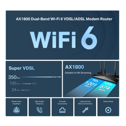 TP-Link - Dual-Band VDSL/ADSL Modem Router with Wi-Fi 6 Archer VX1800V
