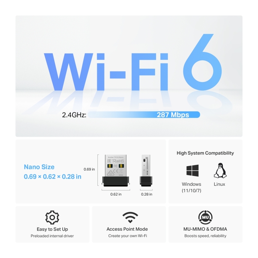 TP-Link - Wireless Wi-Fi 6 USB nano adapter Archer TX1U Nano