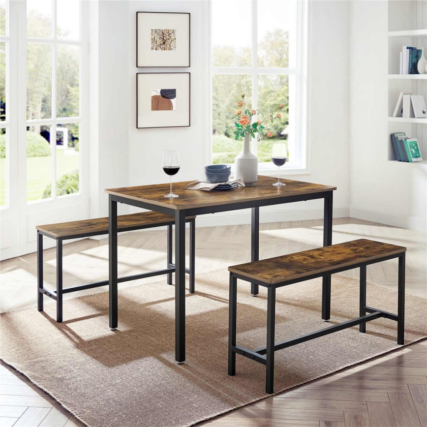 TREVOR bar table set with 2 benches, brown/black