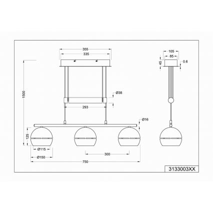 Trio - Chandelier on a string FLETCHER 3xE14/40W/230V matte chrome