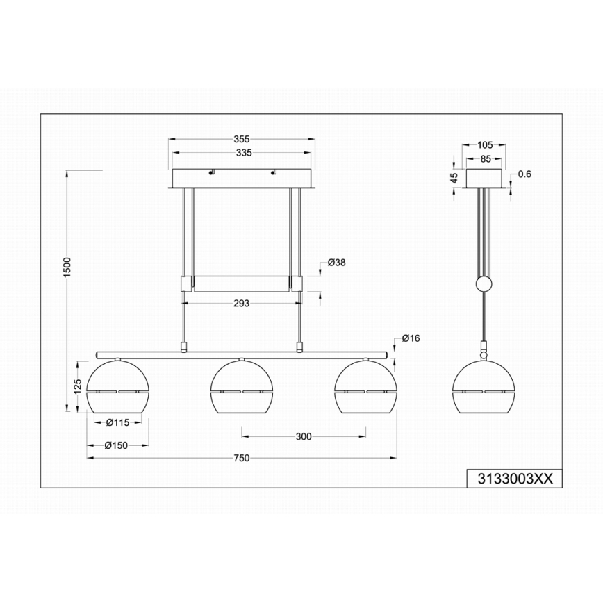 Trio - Chandelier on a string FLETCHER 3xE14/40W/230V matte chrome