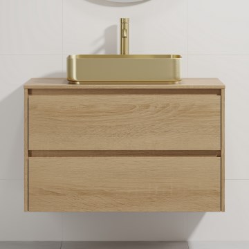 TRONDHEIM/LJORDAL Bathroom vanity unit with integrated basin, 90x57x46 cm, Oak/Brass