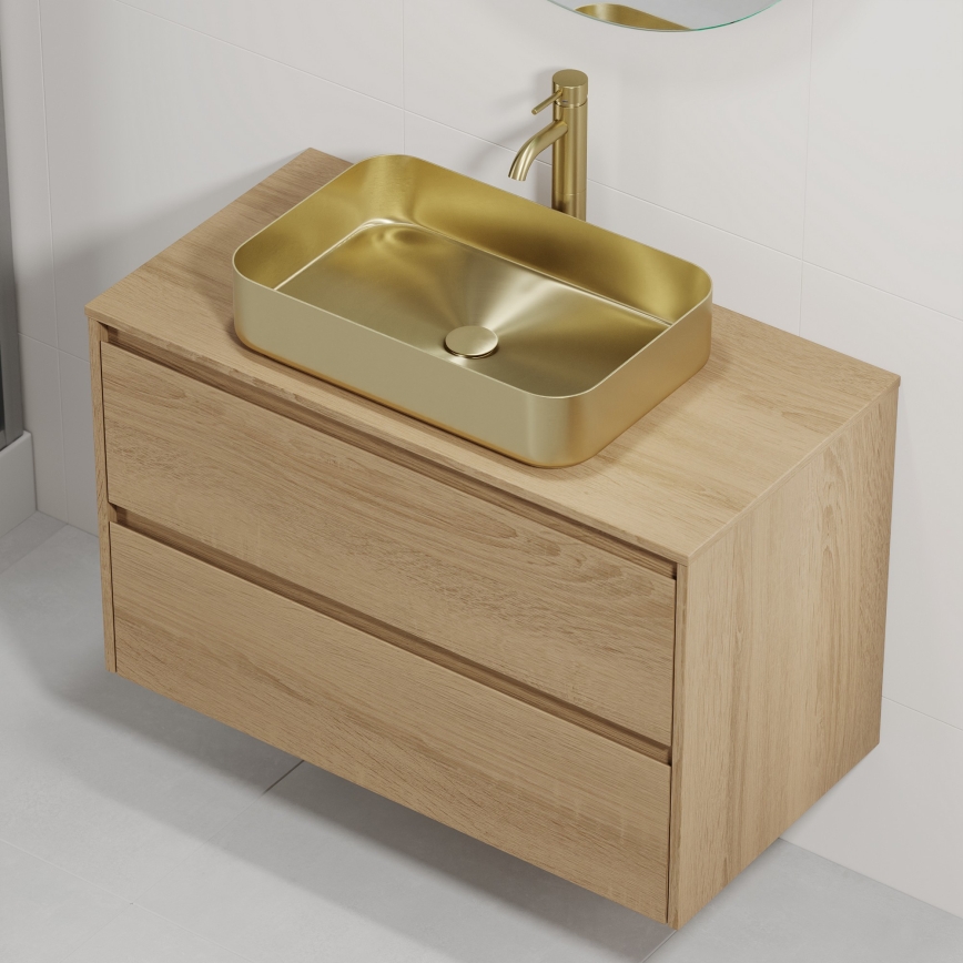 TRONDHEIM/LJORDAL Bathroom vanity unit with integrated basin, 90x57x46 cm, Oak/Brass
