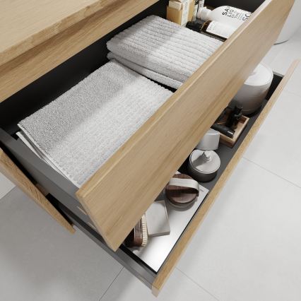 TRONDHEIM/LJORDAL Bathroom vanity unit with integrated basin, 90x57x46 cm, Oak/Brass