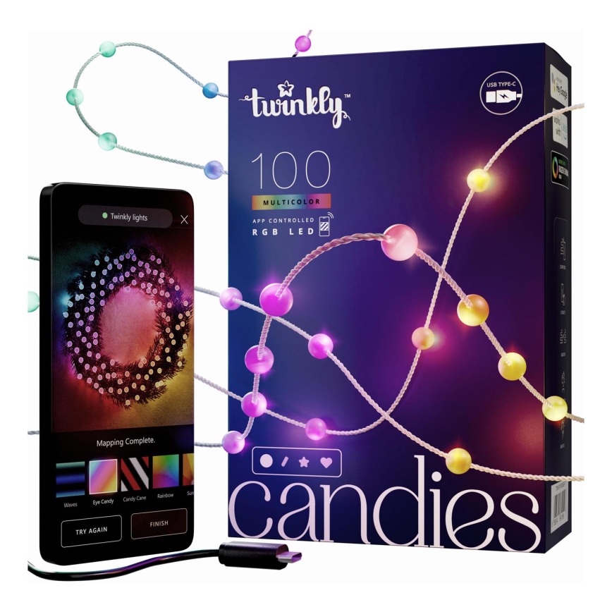 Twinkly - LED RGB Dimmable Christmas chain CANDIES 100xLED 8 m USB Wi-Fi
