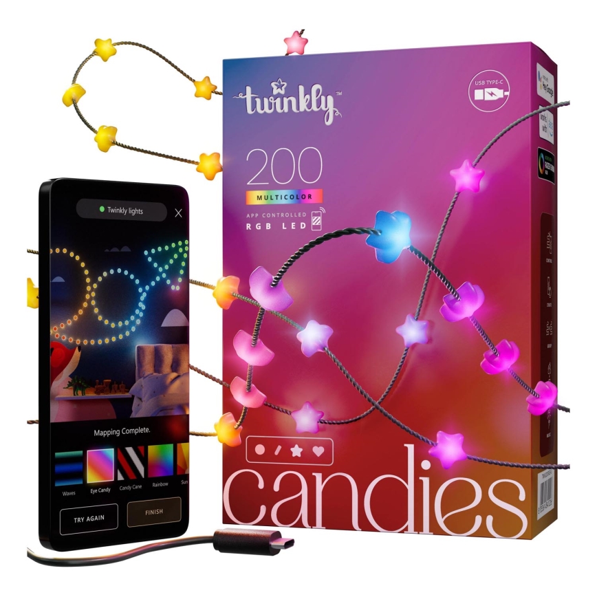 Twinkly - LED RGB Dimmable Christmas chain CANDIES 200xLED 14 m USB Wi-Fi
