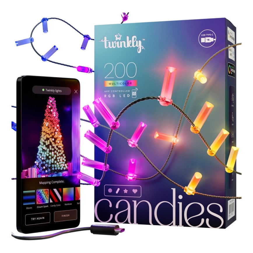 Twinkly - LED RGB Dimmable Christmas Light String CANDIES, 200 LEDs, 14 m, USB, Wi‑Fi