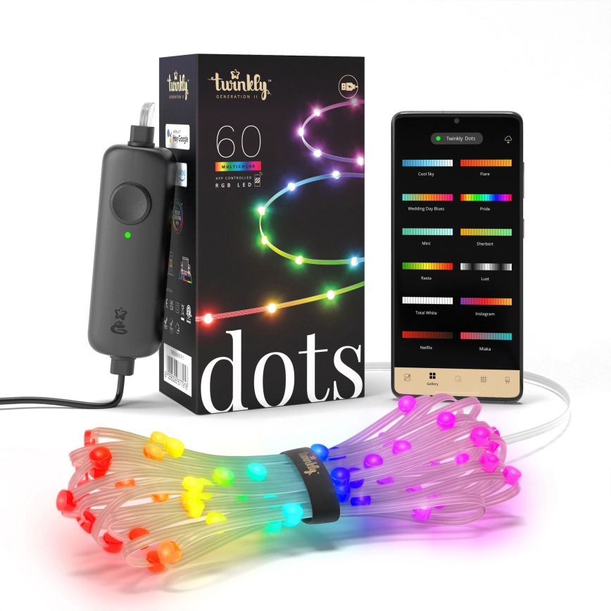 Twinkly - DOTS RGB LED Dimmable Christmas String Lights, 60 LEDs, 7 m, USB, Wi-Fi