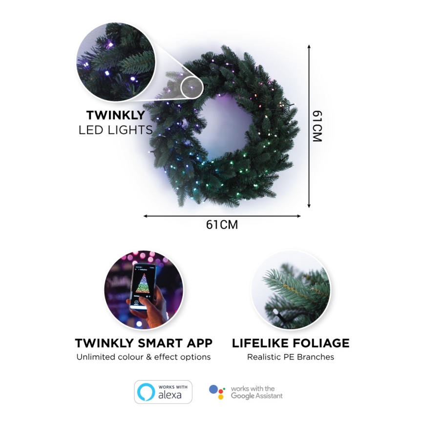 Twinkly - LED RGB Dimmable Christmas wreath PRE-LIT WREATH 50xLED d. 61cm Wi-Fi