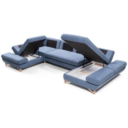 AVESTA U-shaped upholstered corner sleeper sofa with storage, blue