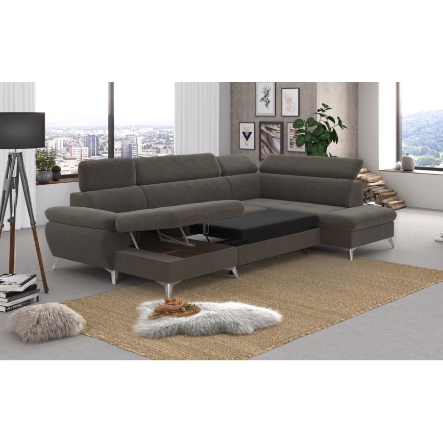 U-shaped folding corner lounge suite with a storage space CATANIA brown