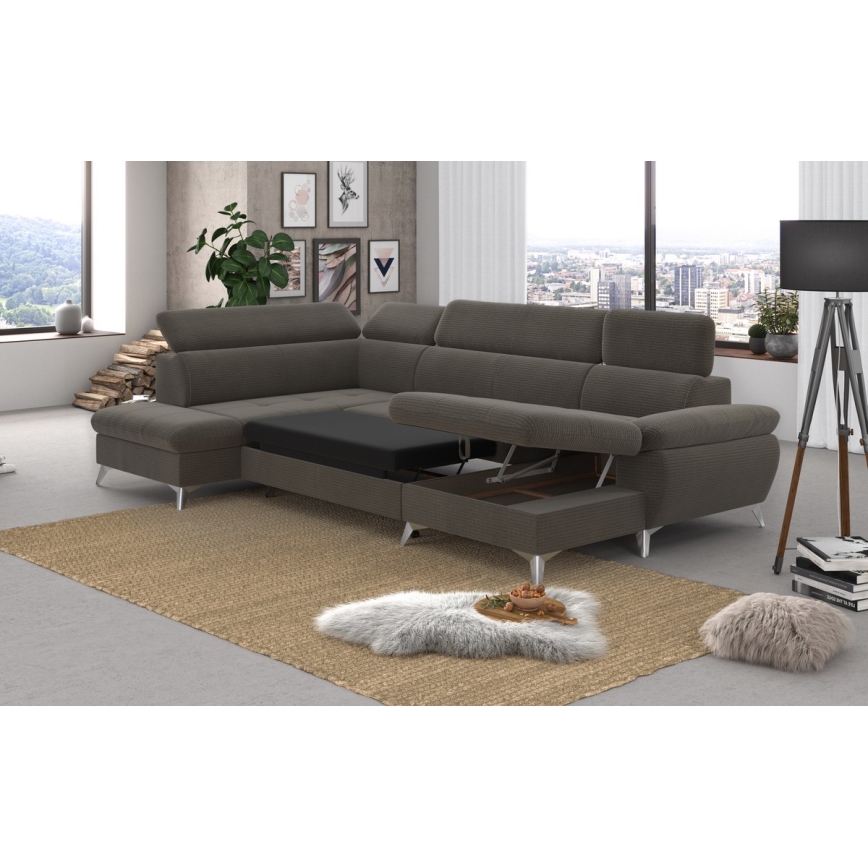 U-shaped folding corner lounge suite with a storage space CATANIA brown