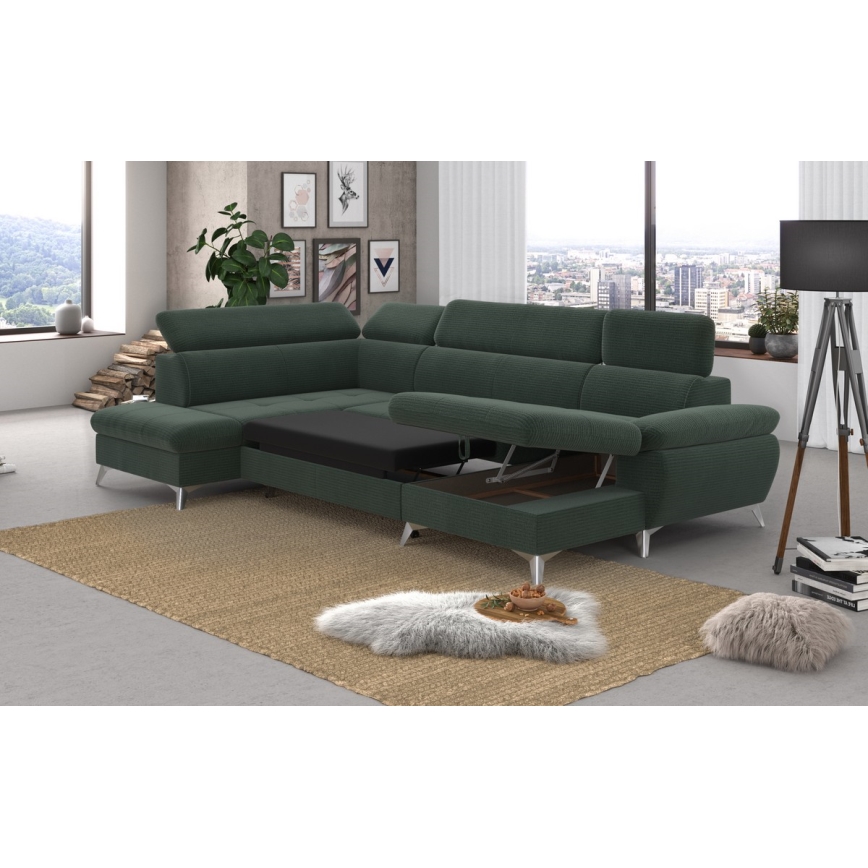U-shaped folding corner lounge suite with a storage space CATANIA green