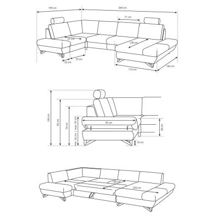 AVESTA U-shaped Upholstered Corner Sofa Bed with Storage, Anthracite