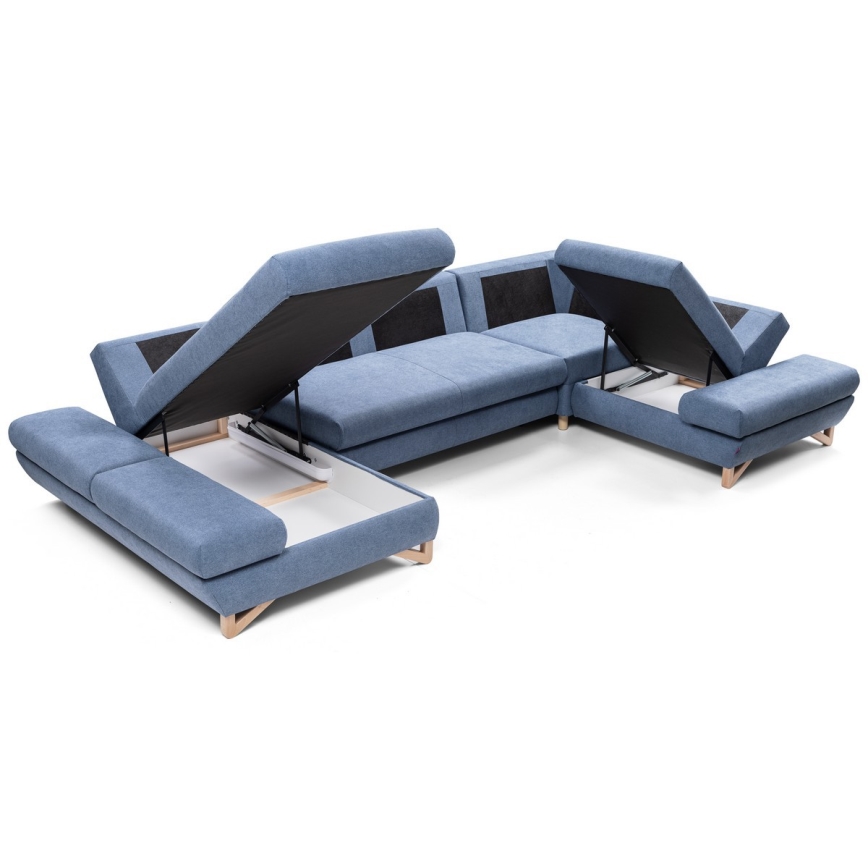 U-shaped upholstered folding corner lounge suite with a storage space AVESTA blue