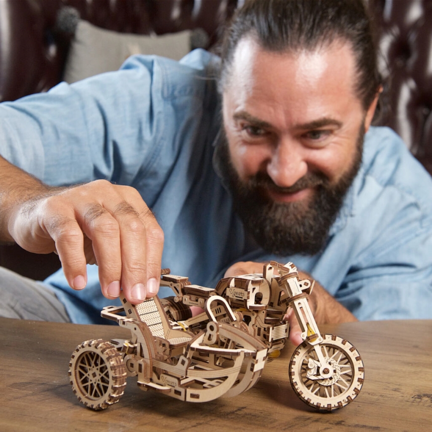 Ugears - 3D wooden mechanical puzzle Scrambler motorcycle with cart