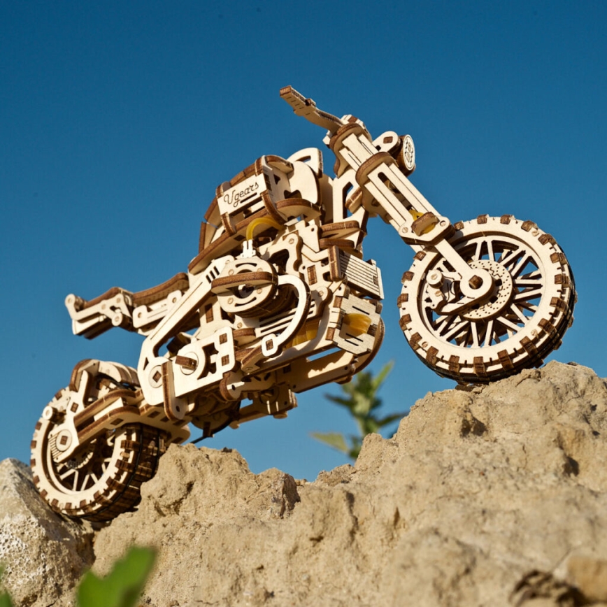 Ugears - 3D wooden mechanical puzzle Scrambler motorcycle with cart