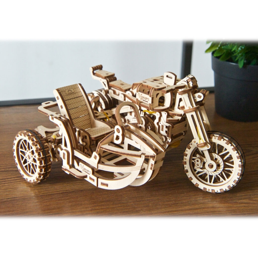 Ugears - 3D wooden mechanical puzzle Scrambler motorcycle with cart