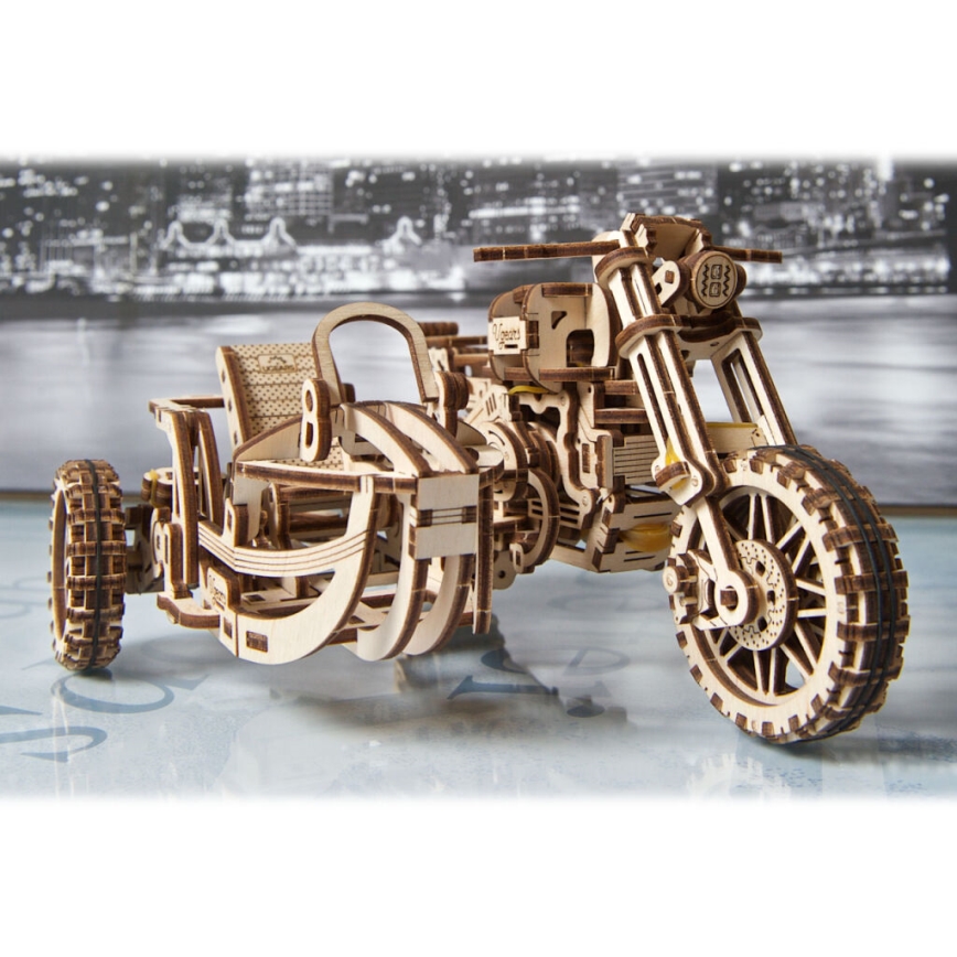 Ugears - 3D wooden mechanical puzzle Scrambler motorcycle with cart
