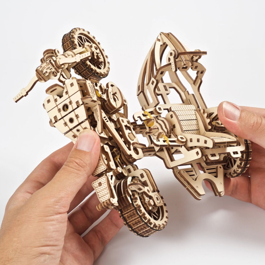 Ugears - 3D wooden mechanical puzzle Scrambler motorcycle with cart